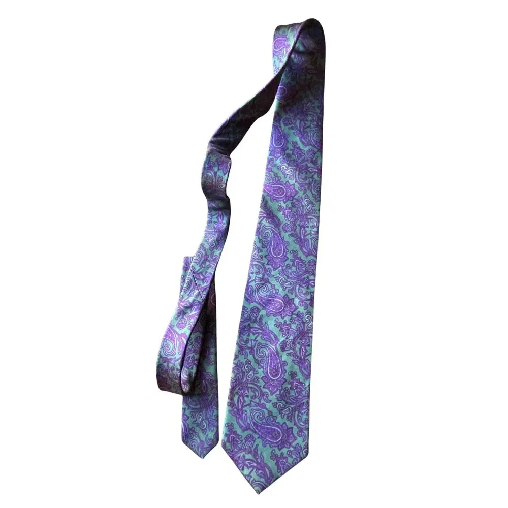 Vintage Bert Pulitzer Lord & Taylor Silk Tie Teal Purple Floral Paisley Foulard